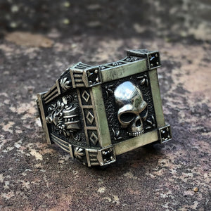 EYHIMD Gothic Skull Flower Black Zircon Crystal Stainless Steel Signet Ring